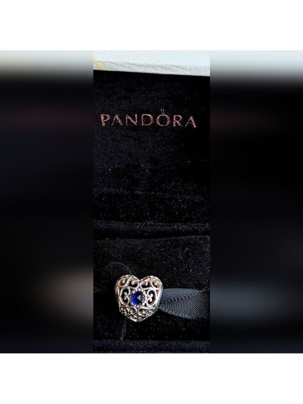 Pandora Sterling Silver Heart Filigree Charm with Blue Birthstone